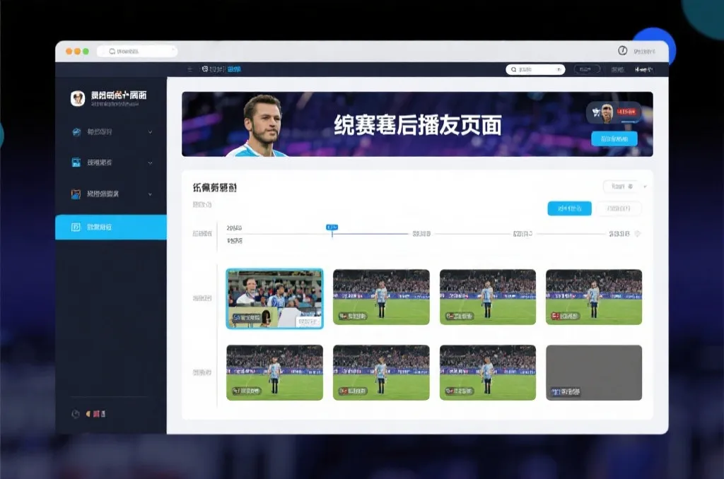 比赛结束后，电视屏幕展示集锦回放页面，旁边有时间轴和多角度切换提示